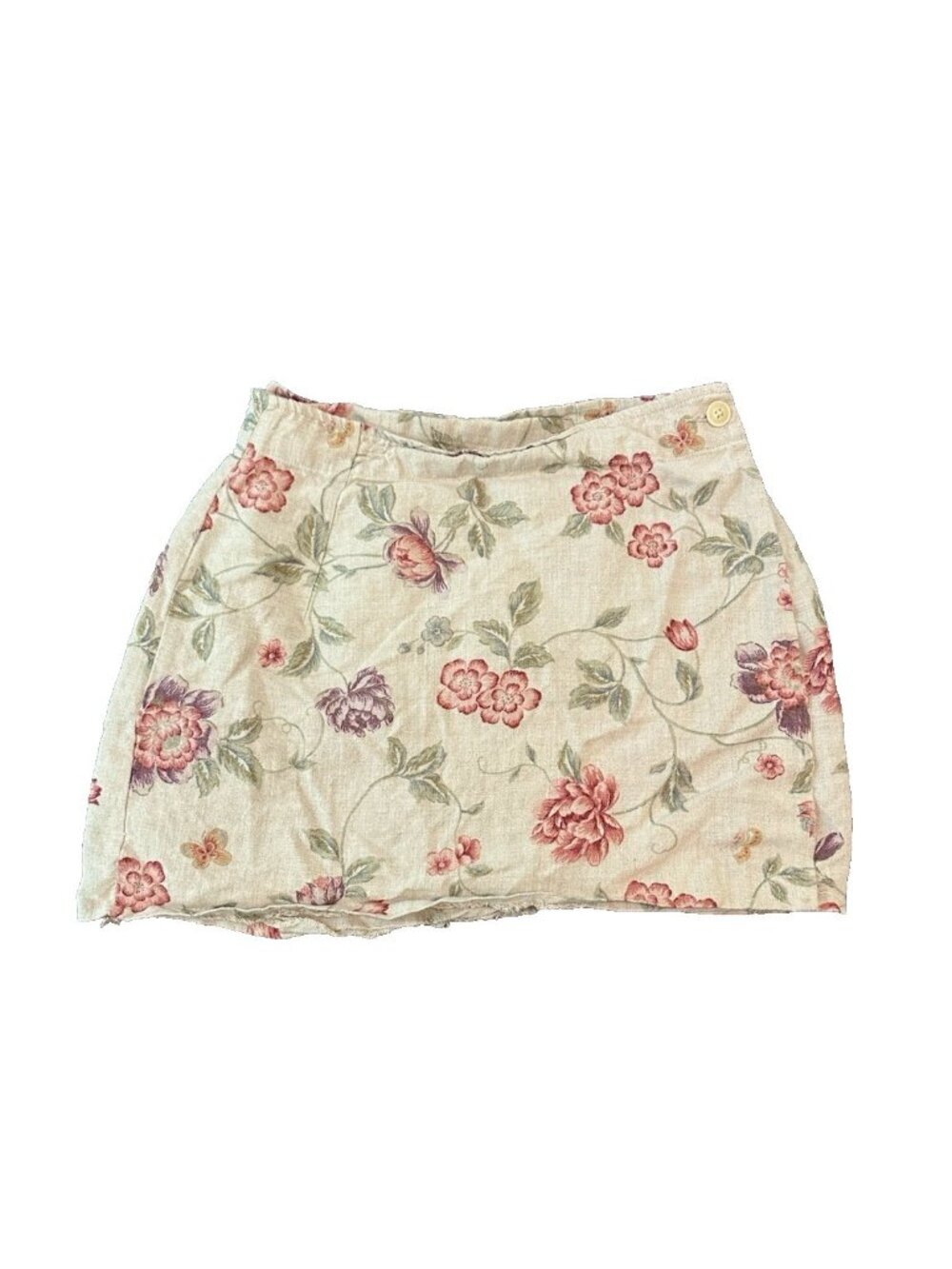 Eddie Bauer 100% Linen Floral Mini Skirt Petite 14 Cottagecore Raw Hem Botanical